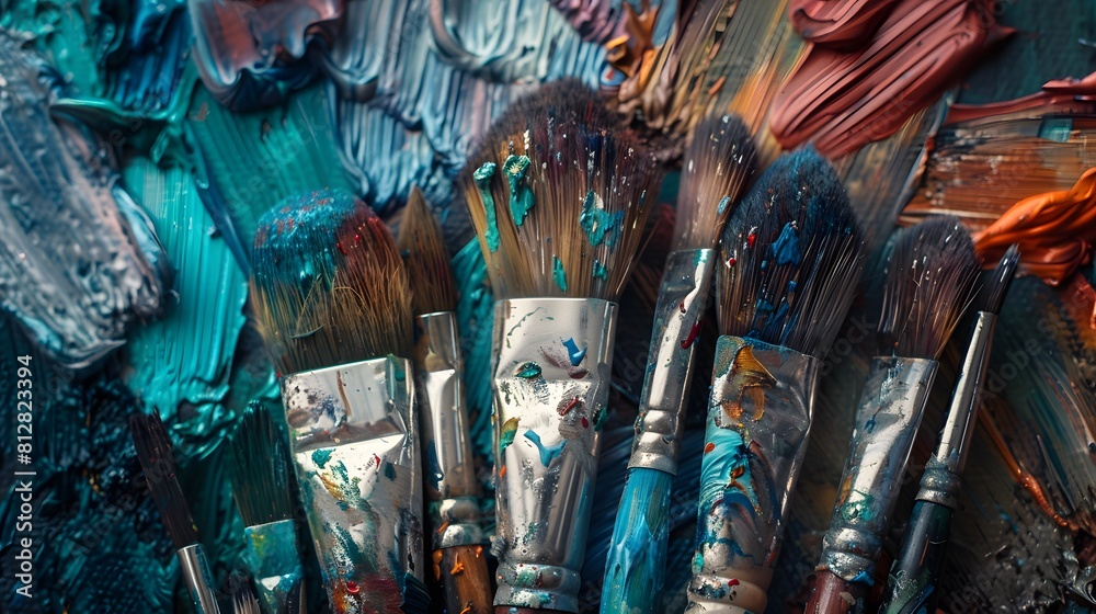 Fototapeta premium A collection of various painting brushes, including large and small bristles, arranged in an artist's palette. 