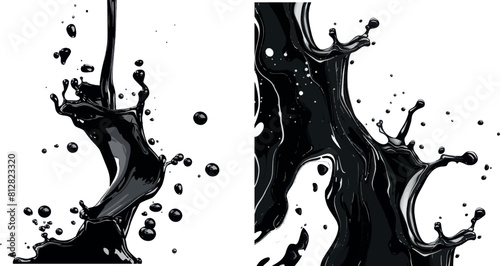Black liquid splashes, swirl and waves with scatter drops. Paint, oil or ink splashing dynamic motion, design element