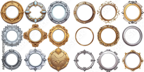 Empty circle silver and gold frames in medieval style for game ui design. Vector cartoon set