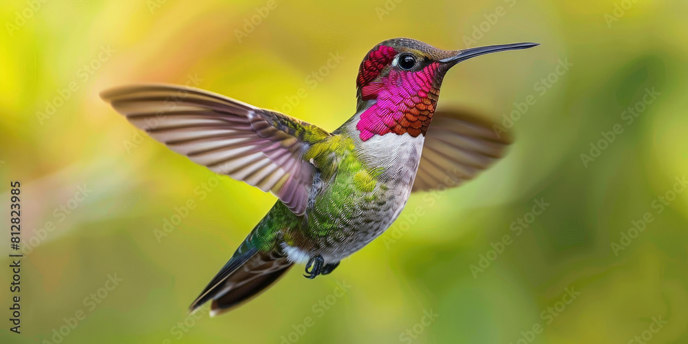 Macro shot of a colorful hummingbird hovering mid-air, displaying its vibrant feathers and delicate wings Macro shot of a colorful hummingbird hovering mid-air, displaying its vibrant feathers and delicate wings