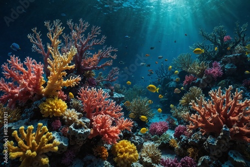 A colorful coral reef with a variety of fish swimming around