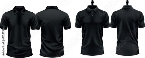 Men black polo shirt front and back view. Vector realistic mockup of male blank t-shirt with collar and short sleeves photo