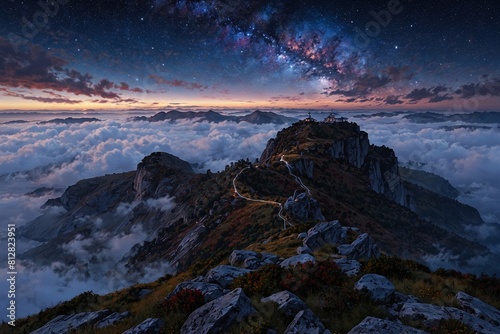 A mountain range covered in clouds and a sky full of stars