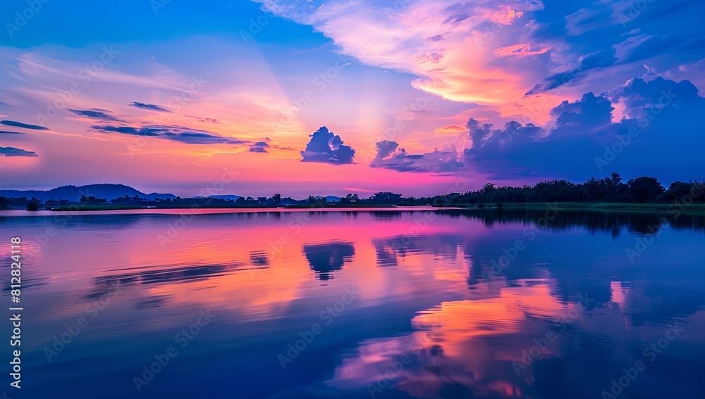 Beautiful sunset sky with reflection in the lake at rural area