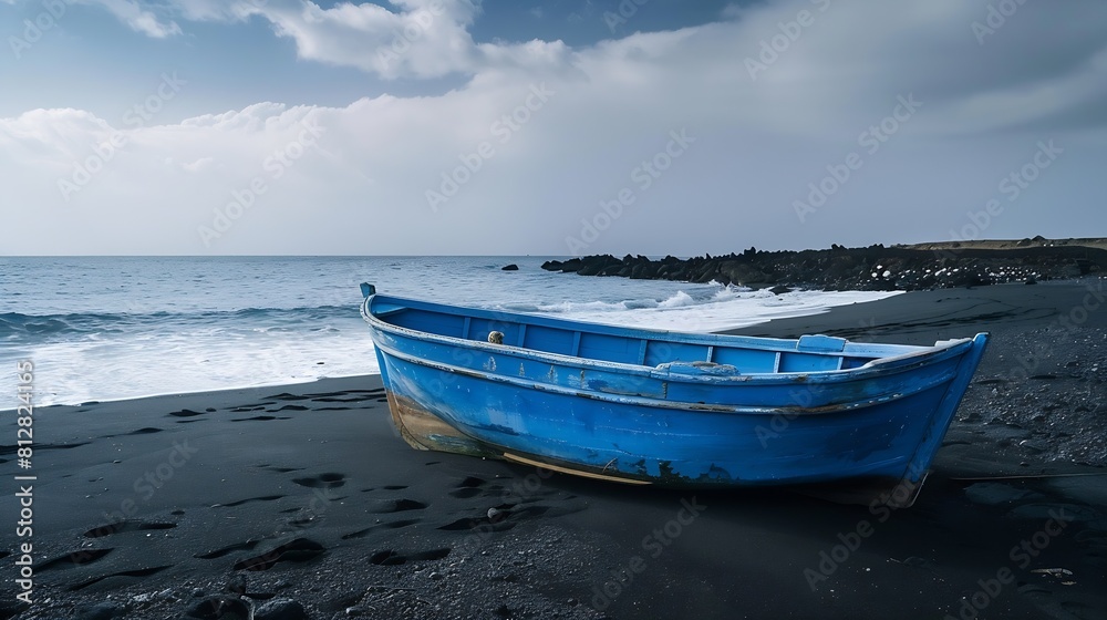 Landscape Photo of blue old boat vessel on volcanic black sand beach with beautiful waves in ocean on background Lanzarote Island Landscape shot of boat on the shore : Generative AI Landscape Photo of blue old boat vessel on volcanic black sand beach with beautiful waves in ocean on background Lanzarote Island Landscape shot of boat on the shore : Generative AI
