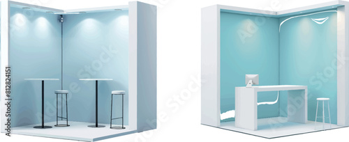  3d booth stand for trade show. Blank room mockup with white walls, floor and table in front and corner view Empty presentation stall for exhibition, vector realistic set