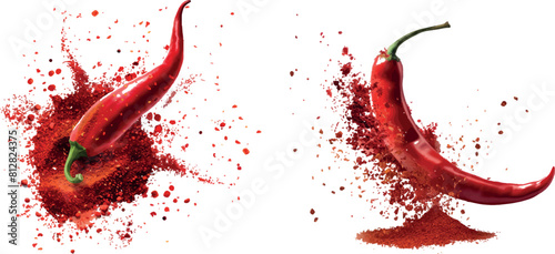 Chili pepper powder splash, spicy burst, dust or red color explosion