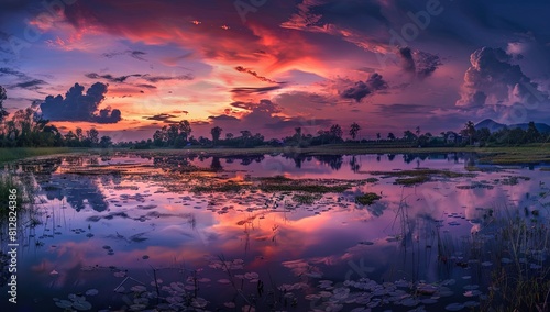 Beautiful sunset sky with reflection in the lake at rural area