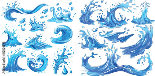 Liquid water splashes, falling aqua drops, sea or ocean waves and swirl. Blue water motion effects vector cartoon set photo