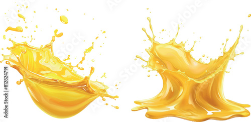 Oil, orange or lemon juice splashes, liquid yellow drink streams with drops