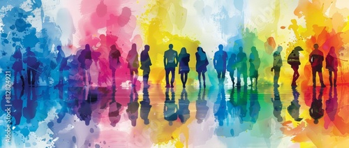 Colorful abstract watercolor background with a group of silhouette people in front of the wall