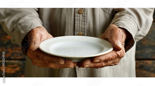 Close-Up of Elderly Hands Holding an Empty Plate, Symbol of Hunger and Poverty photo