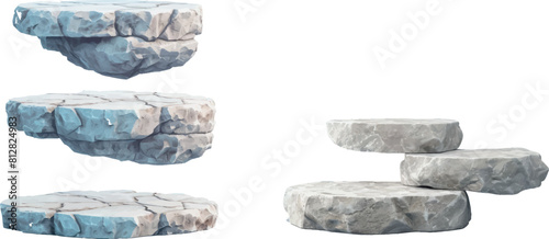 3d stone podiums for products display. Rock platforms, pedestals for bath decor or summer sea beach