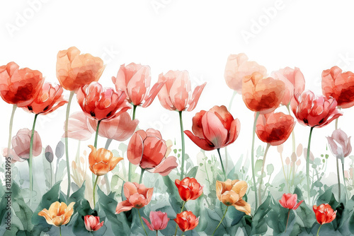 Watercolor Pastels Delicate Tulips and Lush Lilies in a Manicured Garden