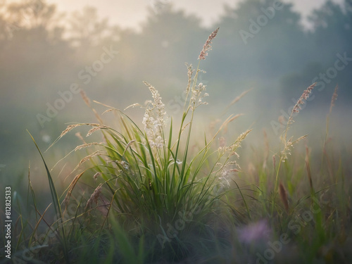 Peaceful Morning Scene  Blossoming Grass Swaying Gently under Misty Sky in Soft Pastels.