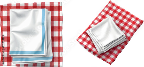 Gingham tablecloths and white kitchen towels top view
