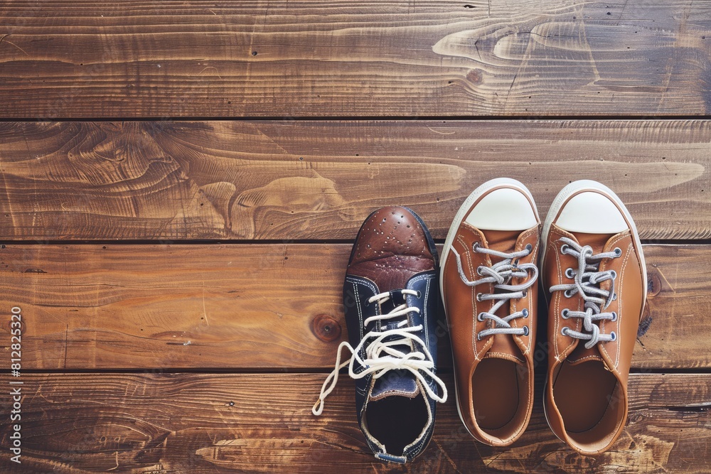 Contrasting Pair of Worn Adult and New Child Shoes on Wooden Background Contrasting Pair of Worn Adult and New Child Shoes on Wooden Background