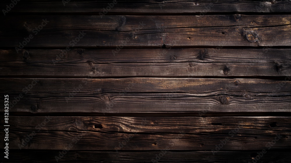 A dark wooden wall with many stacked planks showing distinctive wood texture A dark wooden wall with many stacked planks showing distinctive wood texture
