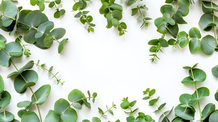 Eucalyptus leaves on white background Frame made of eucalyptus branches Flat lay top view copy space : Generative AI