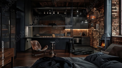 luxury studio apartment with a free layout in a loft style in dark colors Stylish modern kitchen area with an island cozy bedroom area with fireplace and personal gym : Generative AI
