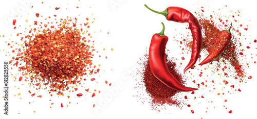 Scatters of red pepper powder. Vector realistic illustration of ground paprika and chili pepper seasoning