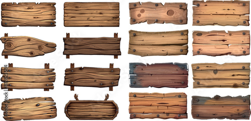 Wood texture game sign board vector realistic banner set