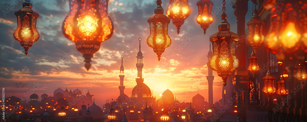 evening glow with ramadan lanterns hanging from the sky