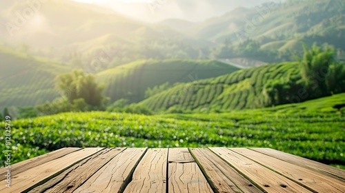 Wooden table top on blur green tea mountain and grass fieldFresh and Relax conceptFor montage product display or design key visual layoutView of copy space : Generative AI