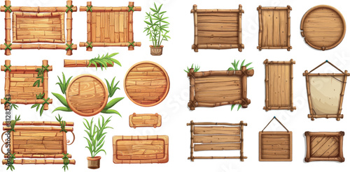 Wooden bamboo sign board frame game ui vector set
