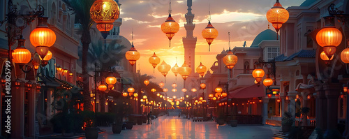 evening glow with ramadan lanterns illuminates a cityscape featuring a white building and a red awning, with an orange lantern adding a pop of color to the scene