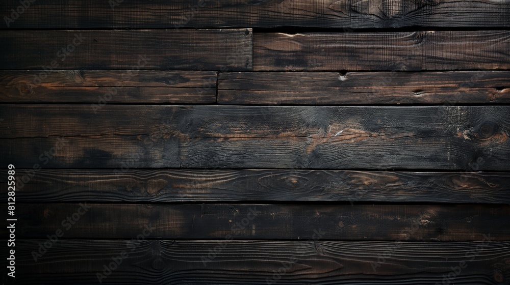 Fototapeta premium A dark wooden wall with many stacked planks showing distinctive wood texture