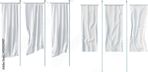 White pennant flags mockup, blank vertical banners on flagpole with rounded, straight, pointed and double edges