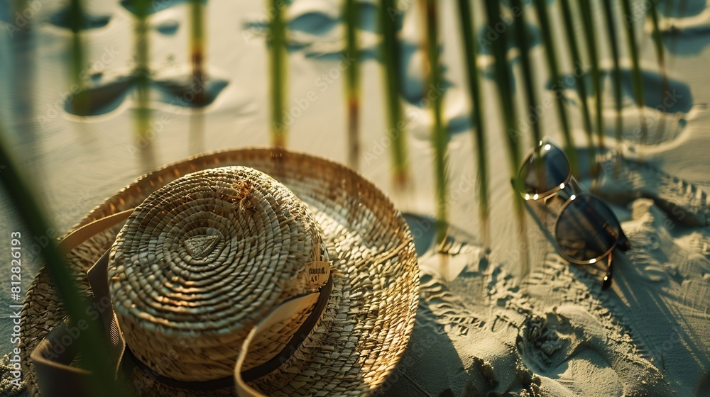 Straw hat bag and sun glasses on a tropical beach : Generative AI Straw hat bag and sun glasses on a tropical beach : Generative AI