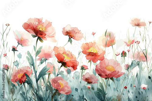 A watercolor of soft light peonies and dewy blades of grass on a white background, set against a long field of wildflowers in the style of clipart. A delicate and charming addition to any design