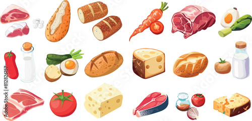 Food icons ham, cheese, tomato, potato and milk bottle, bread, fish and meat steak. Isolated 3d grocery objects, vegetables, farm products, fresh supermarket goods design elements, Cartoon vector set