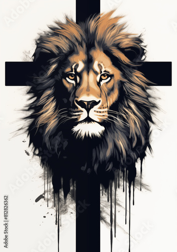 Lion of Judah concept, lion's head in front of a cross, representing Jesus.