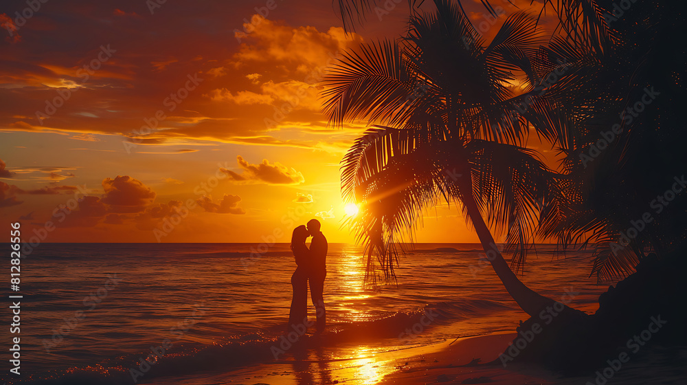A romantic couple shares a sunset kiss on a beach adorned with palm trees, overlooking the serene ocean, in the tranquil ambiance of the evening