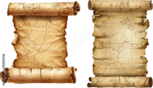 Vector illustration of old paper roll, ancient treasure map on papyrus, antique blank manuscript template
