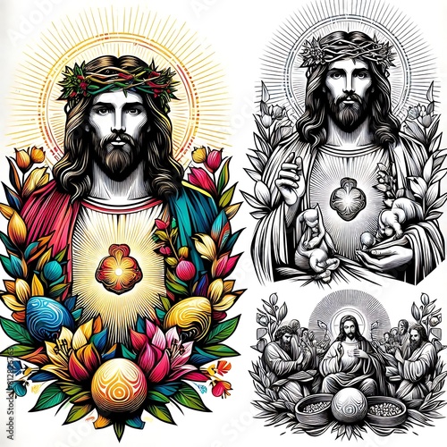 A drawing of a jesus christ with a crown of thorns and flowers image realistic harmony illustrator.
