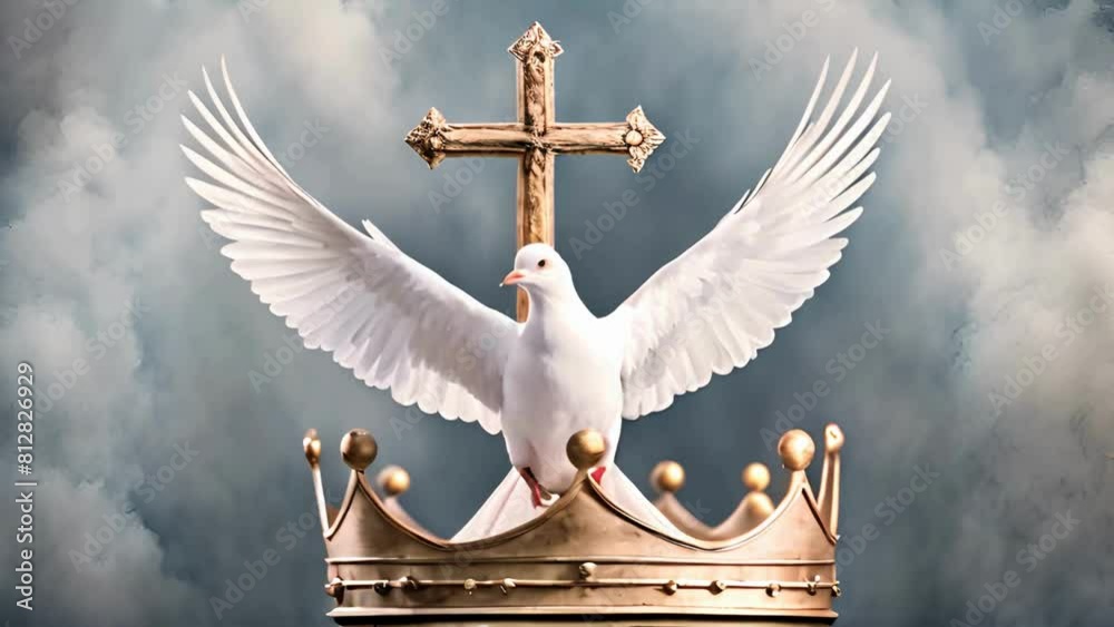 Holy Trinity symbols. Cross, crown and dove of Holy Spirit. Watercolor christian symbols against white background
