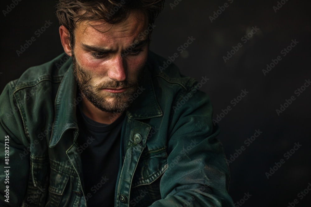 Contemplative Man in Denim Jacket, Lost in Thought Contemplative Man in Denim Jacket, Lost in Thought