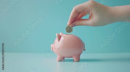 Hand Inserting Coin into Piggybank photo