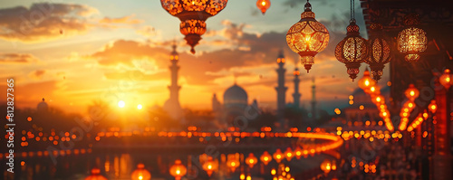 evening serenity with ramadan lanterns hanging from the sky