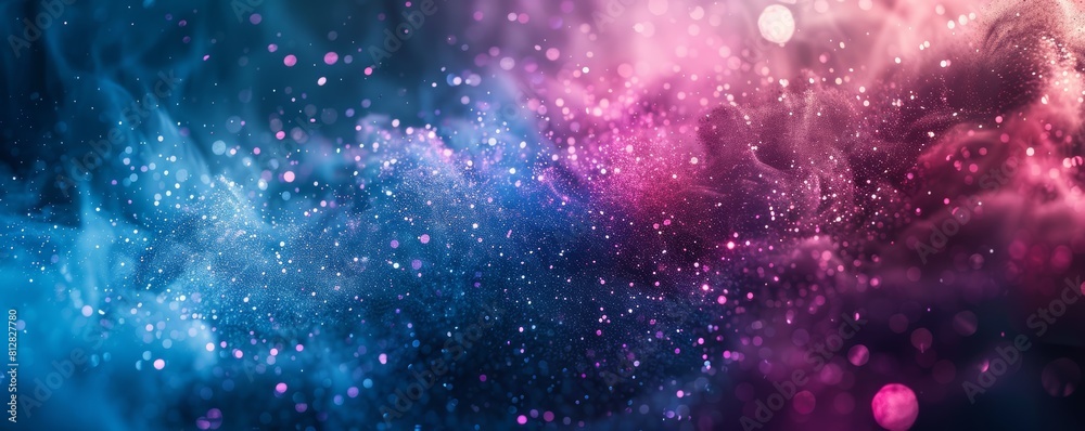 Abstract sparkling lights with blue and pink hues on a dark background. Fantasy and magical concept