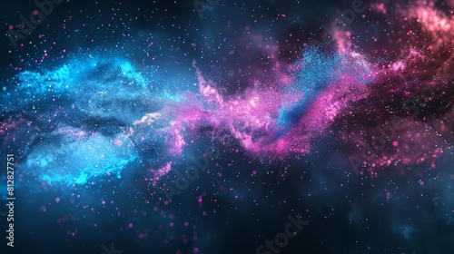Abstract cosmic dust clouds with vibrant blue and pink colors on a dark background.