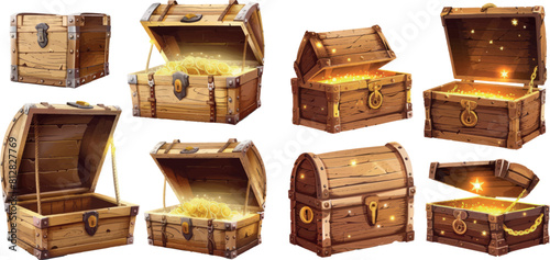 Wooden chest with open and closed lid. Pirate treasure box with magic glow inside. Vector realistic set of old wood trunk with golden fetter