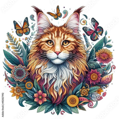 A maine coon cat with butterflies and flowers image art photo has illustrative meaning illustrator. © Allen