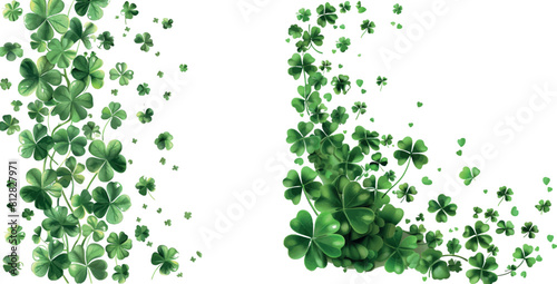 Clover shamrock 3d vector irish pattern. St Patrick day realistic green border for banner with leaf confetti