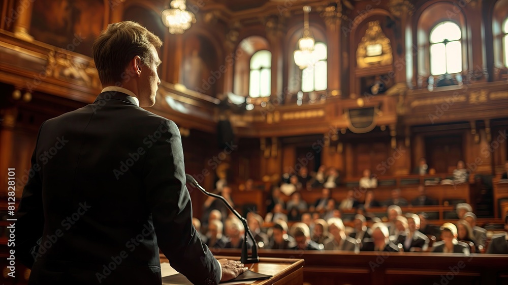 Speech by Caucasian Male Politician in Ornate Government Chamber