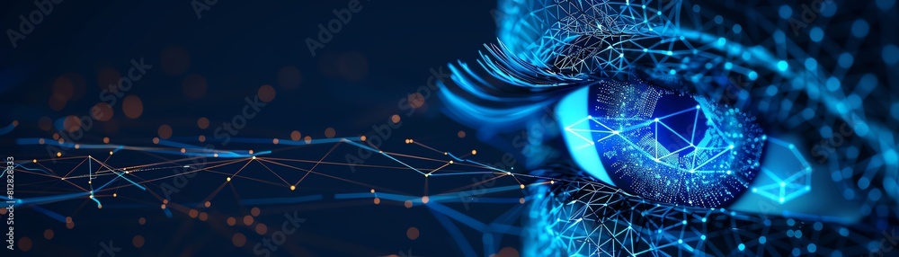 Laptop screen showing a hacked account notification, reflected in an eye, top view, Account hacked, Futuristic tone, Tetradic color scheme Laptop screen showing a hacked account notification, reflected in an eye, top view, Account hacked, Futuristic tone, Tetradic color scheme